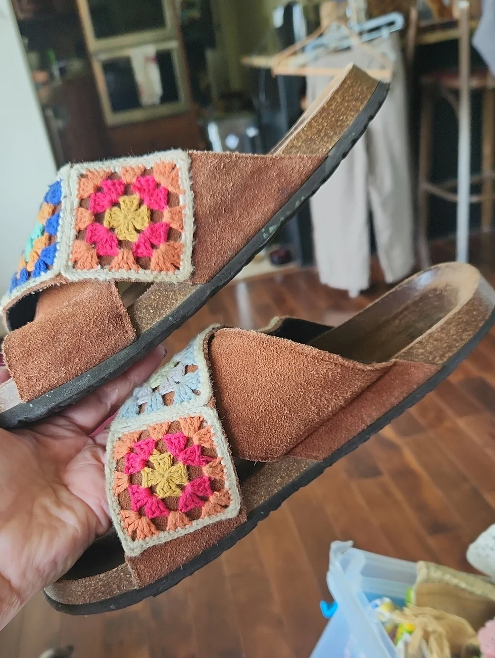 BOHO Muk Luks Crochet Granny Square Slides Size 12‎ Hippie Granola Girl